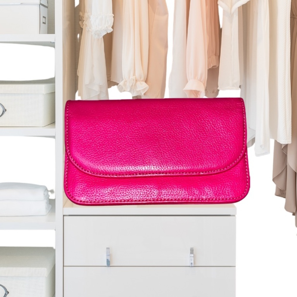 Fuchsia Leather Clutch Wristlet - Elegant Evening Bag